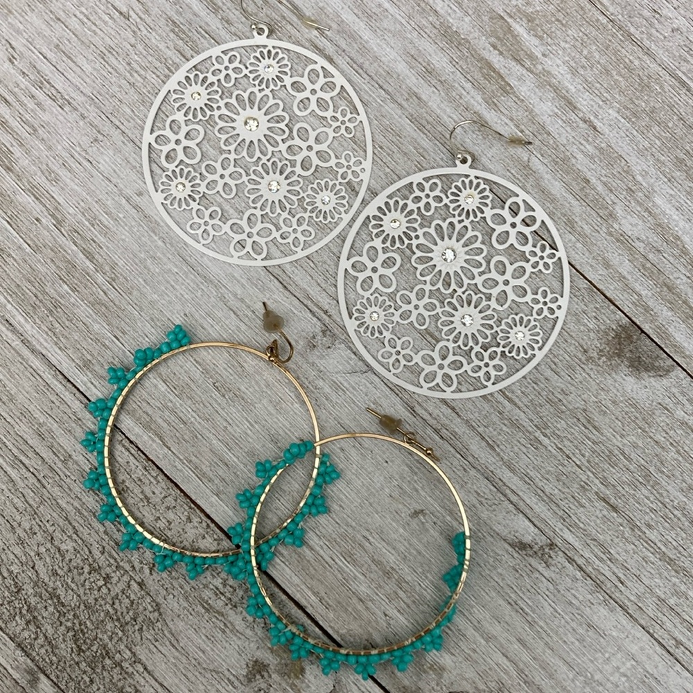 Set of 2 - Two pair round earrings with pierced laser etched design & turquoise